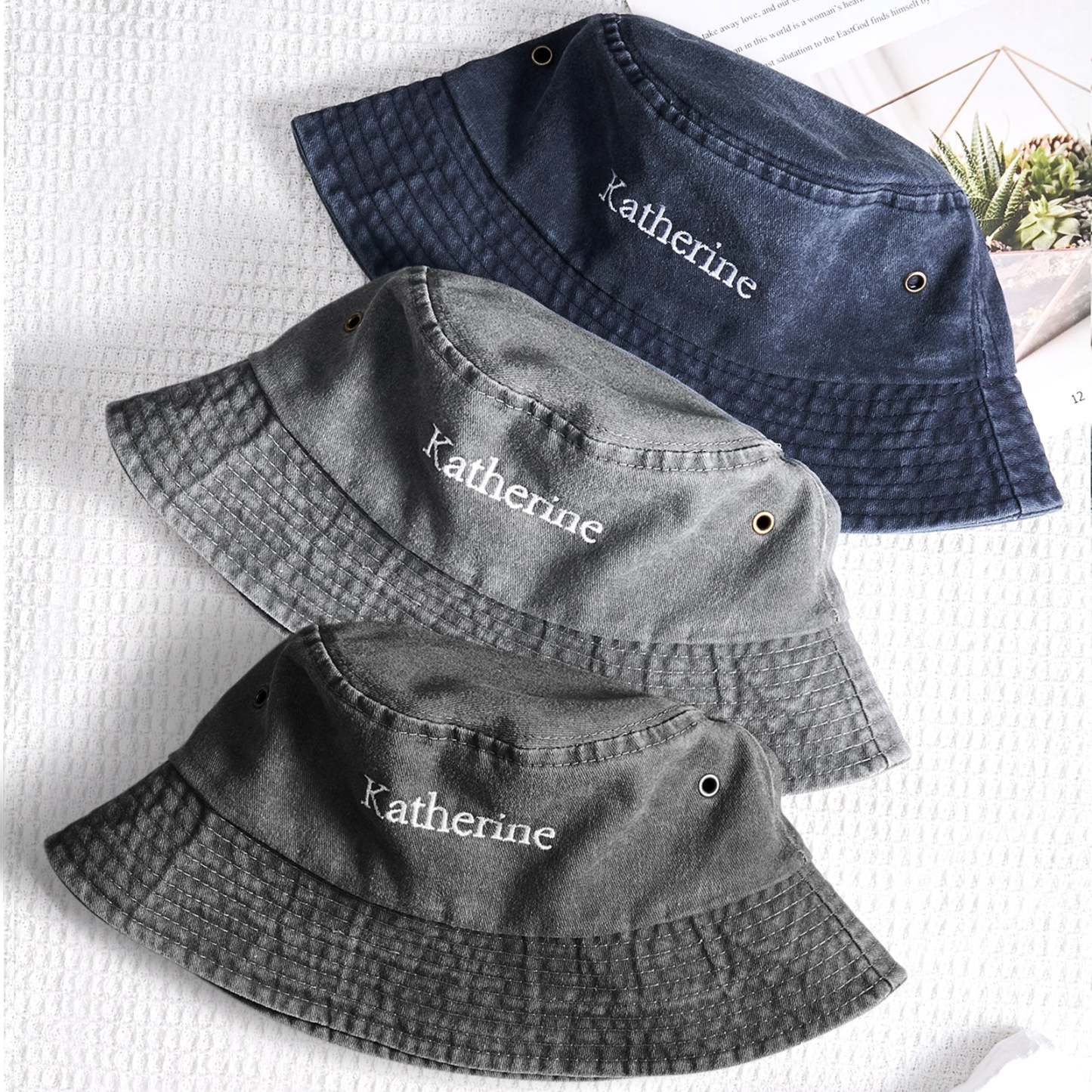 Personalized Denim Bucket Hat Custom Name Embroidery Design Gift for Friends - MyFaceSocksAU