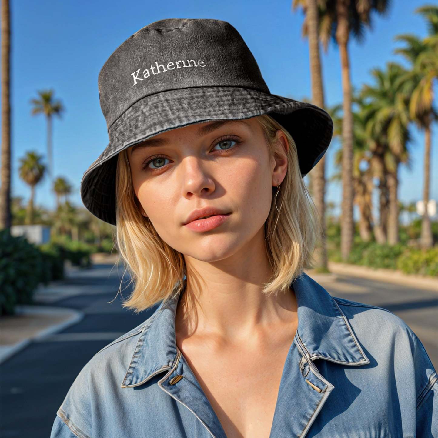 Personalized Denim Bucket Hat Custom Name Embroidery Design Gift for Friends - MyFaceSocksAU