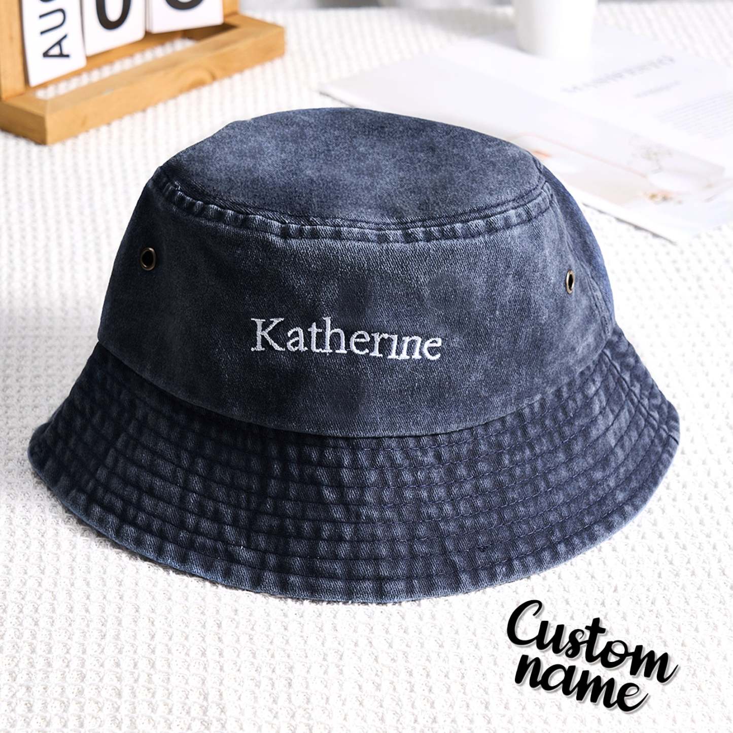 Personalized Denim Bucket Hat Custom Name Embroidery Design Gift for Friends - MyFaceSocksAU