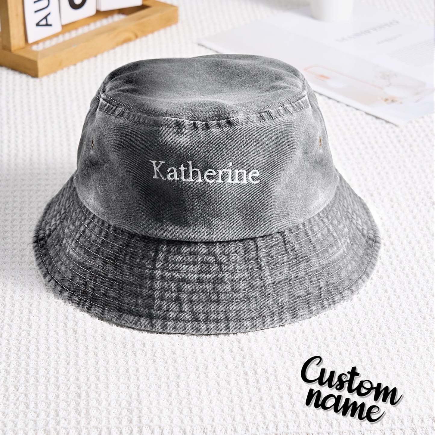 Personalized Denim Bucket Hat Custom Name Embroidery Design Gift for Friends - MyFaceSocksAU