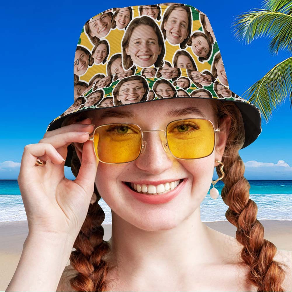 Custom Face Bucket Hat Unisex Face Mash Personalized Outdoor Summer Hats Green and Yellow Color - MyFaceSocksAU