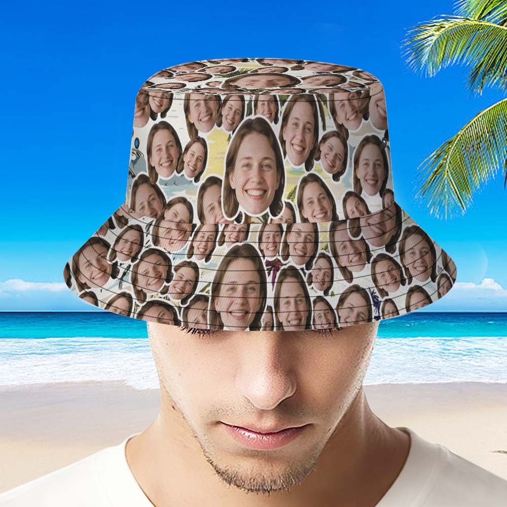 Custom Face Bucket Hat Unisex Face Mash Personalized Outdoor Summer Green Hawaiian Hats Gift - MyFaceSocksAU