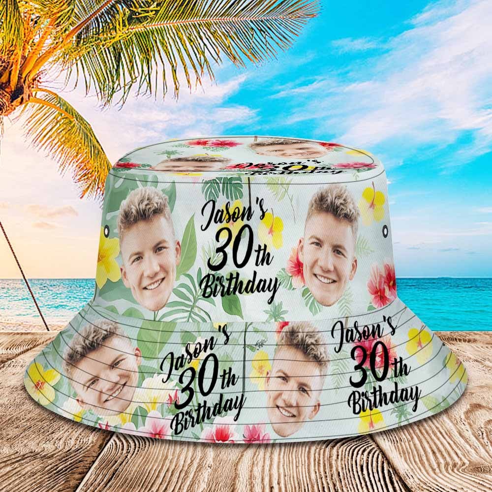 Custom Face Birthday Pink Bucket Hat Unisex Face Personalized Outdoor Summer Age and Birthday Hawaiian Hats Gift - MyFaceSocksAU