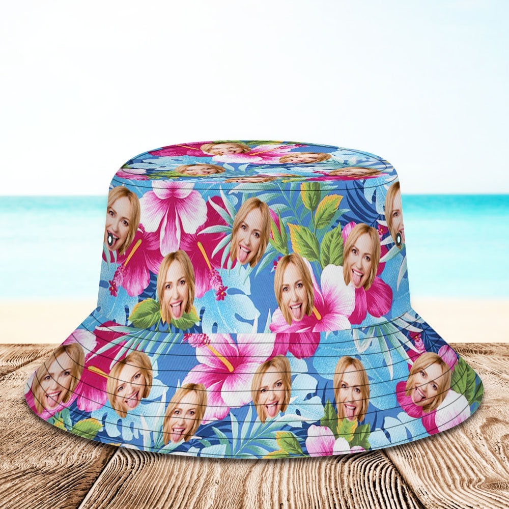 Custom Bucket Hat Personalized Face All Over Print Tropical Flower Print Hawaiian Fisherman Hat - Pink Flowers