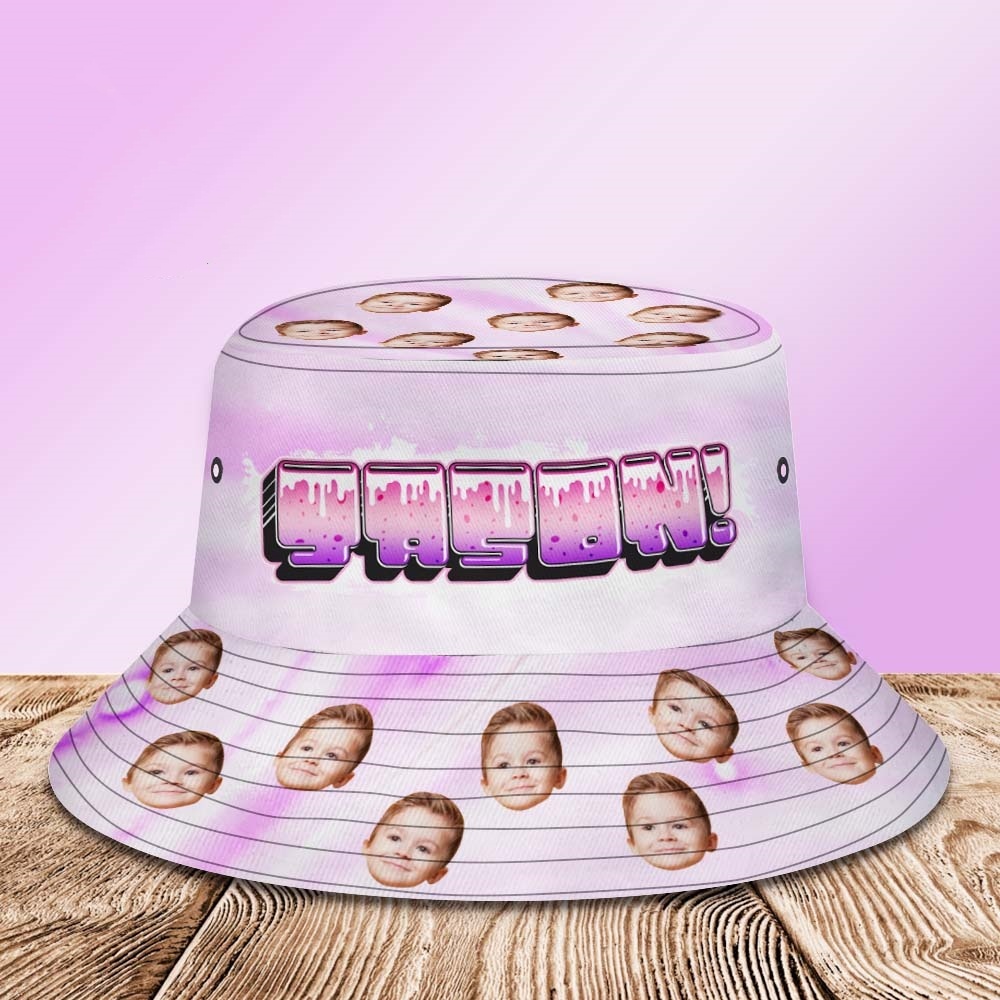 Custom Bucket Hat Unisex Face Bucket Hats Personalised Photo and Name Summer Pink Hats