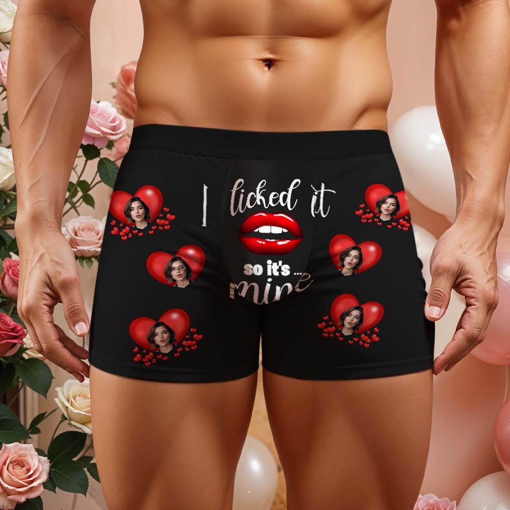 Custom Mens Face Boxer Red Heart Boxer I Licked It So It'S Mine Personalized Face Boxers Valentines Day Underwear - MyFaceSocksAU