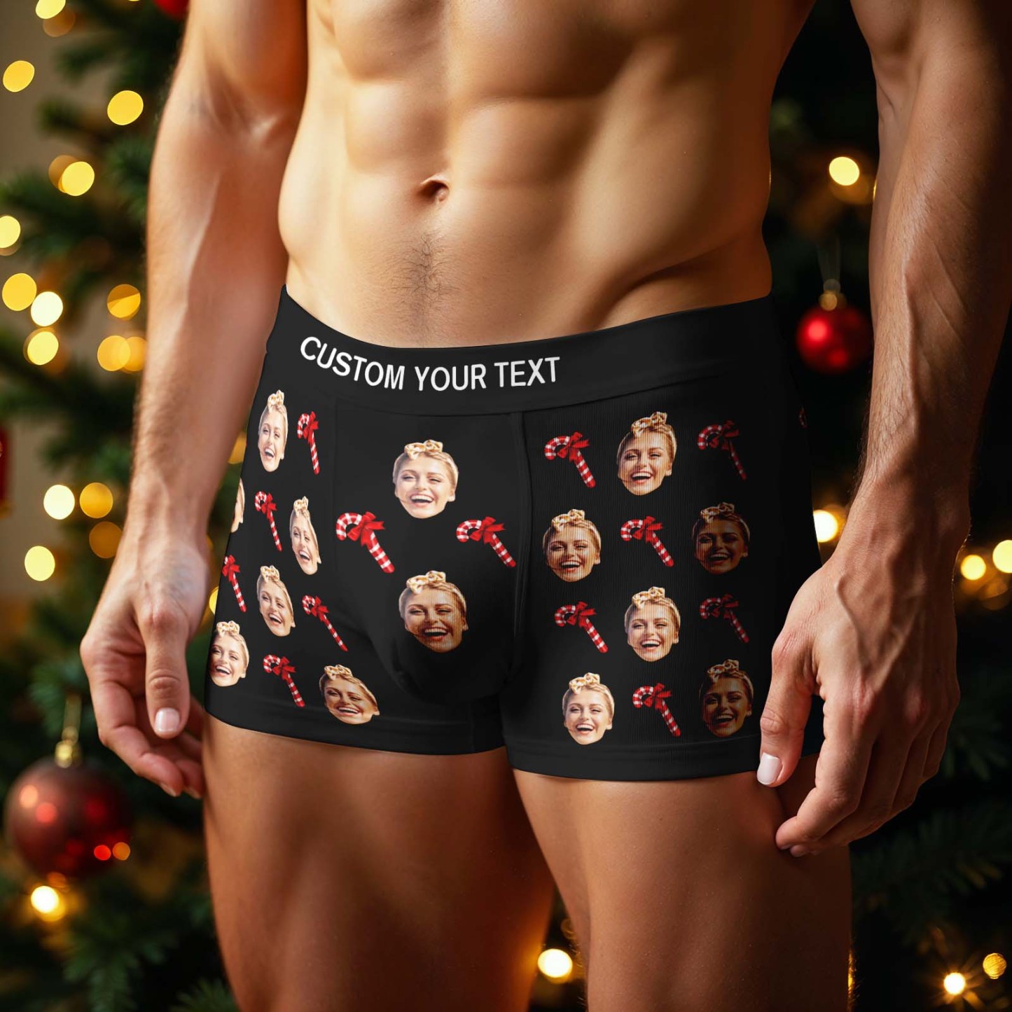 Personalized Face Boxer Men Underwear Christmas Gift Christmas Cane Boxer Personalized Photo Funny Men Boxer Gift - MyFaceSocksAU