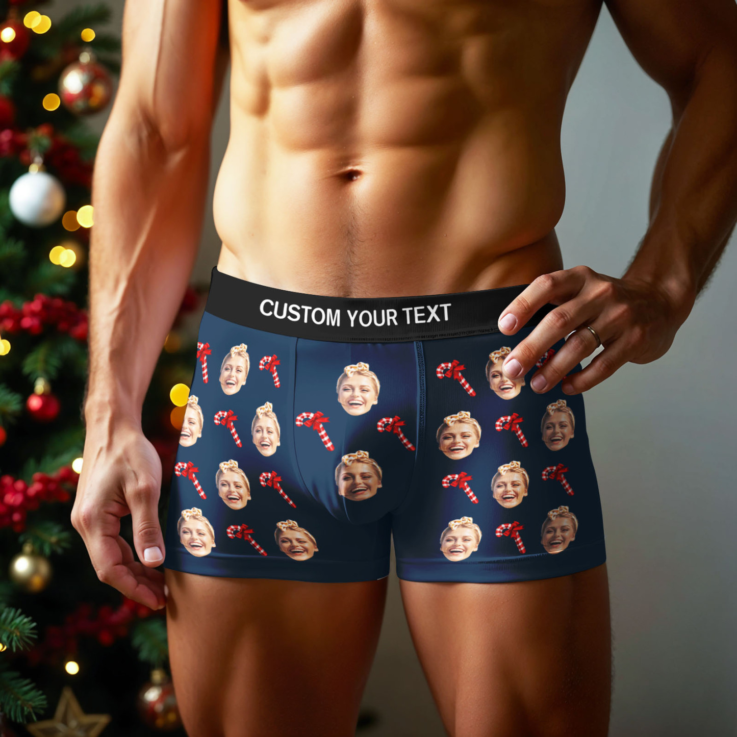 Personalized Face Boxer Men Underwear Christmas Gift Christmas Cane Boxer Personalized Photo Funny Men Boxer Gift - MyFaceSocksAU
