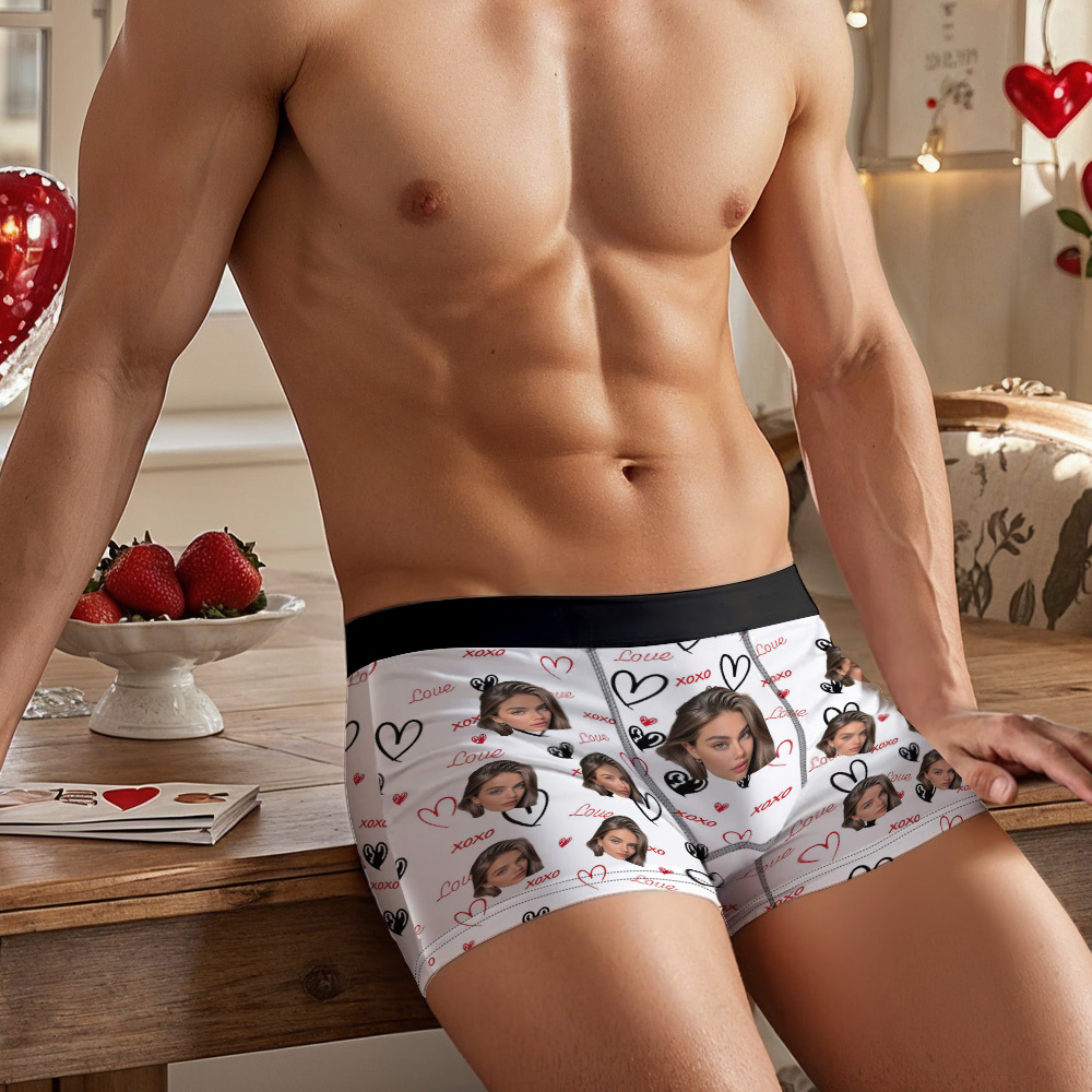 Custom Face and XOXO Heart Pattern Men's Underwear Romantic Custom Gift - MyFaceSocksAU