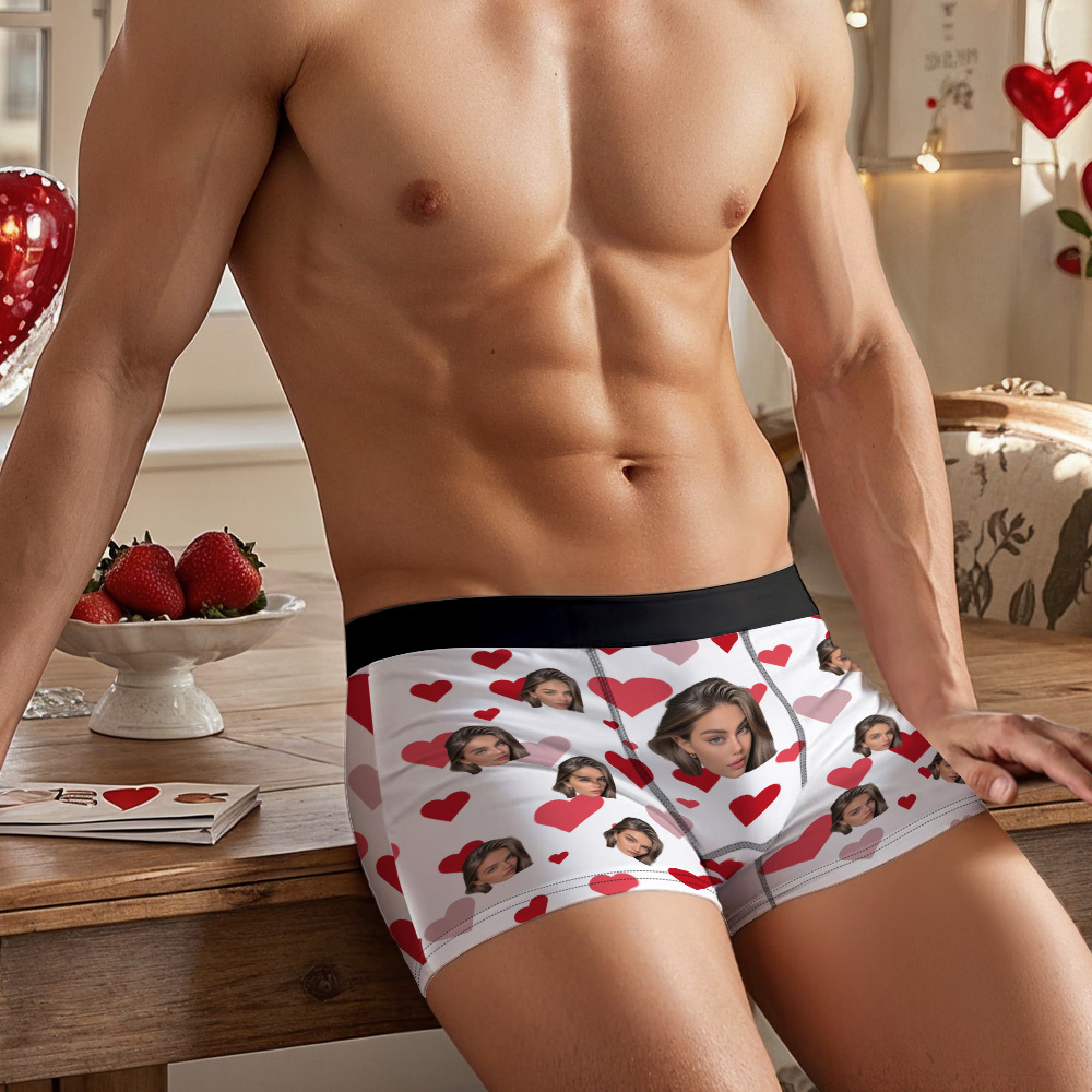 Custom Face Heart Pattern Men's Boxer Briefs Unique Gift for Him - MyFaceSocksAU