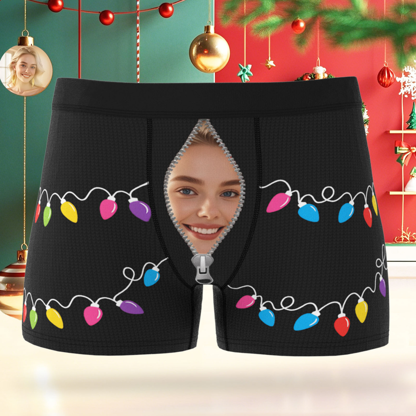 Custom Face Men's Boxer Underwear Santa Gift Christmas Lights Personalized Photo Funny Men's Boxer Briefs Christmas Valentine Christmas Gift - MyFaceSocksAU
