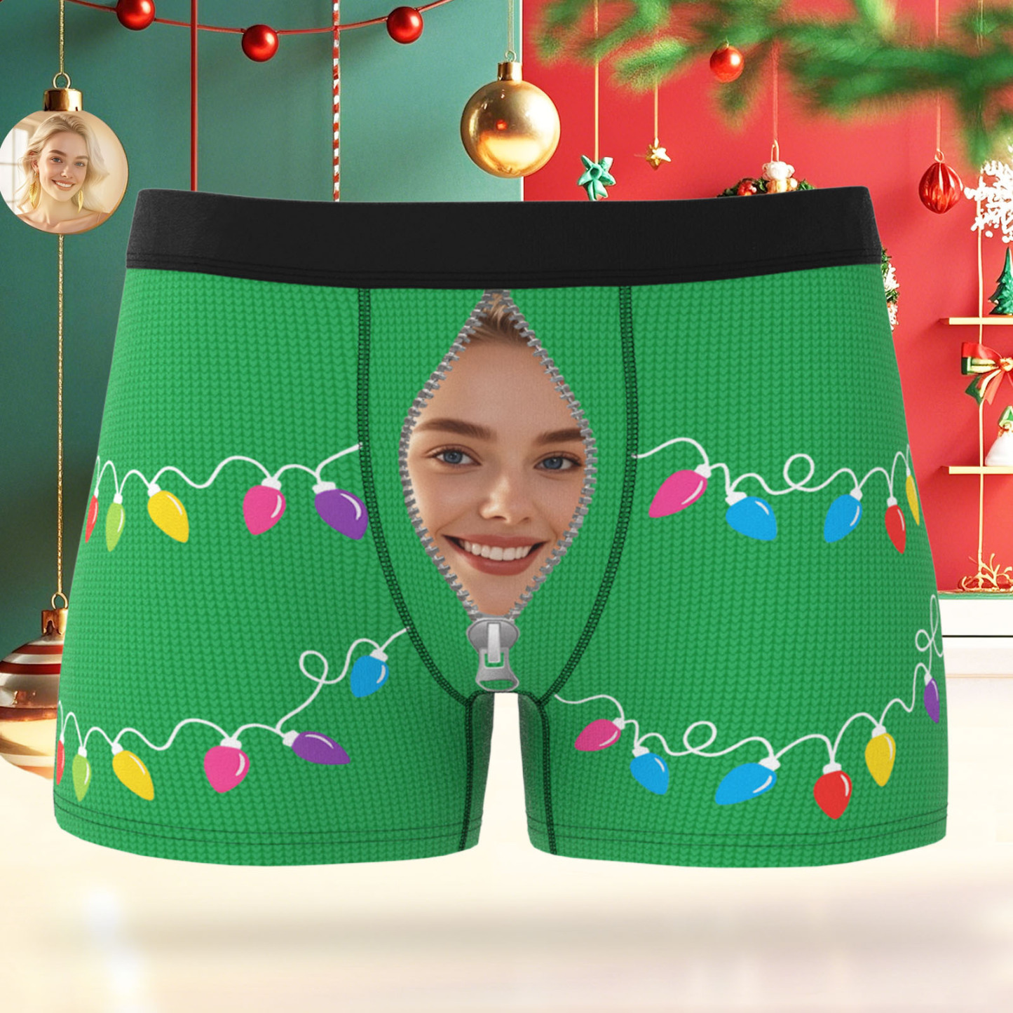 Custom Face Men's Boxer Underwear Santa Gift Christmas Lights Personalized Photo Funny Men's Boxer Briefs Christmas Valentine Christmas Gift - MyFaceSocksAU
