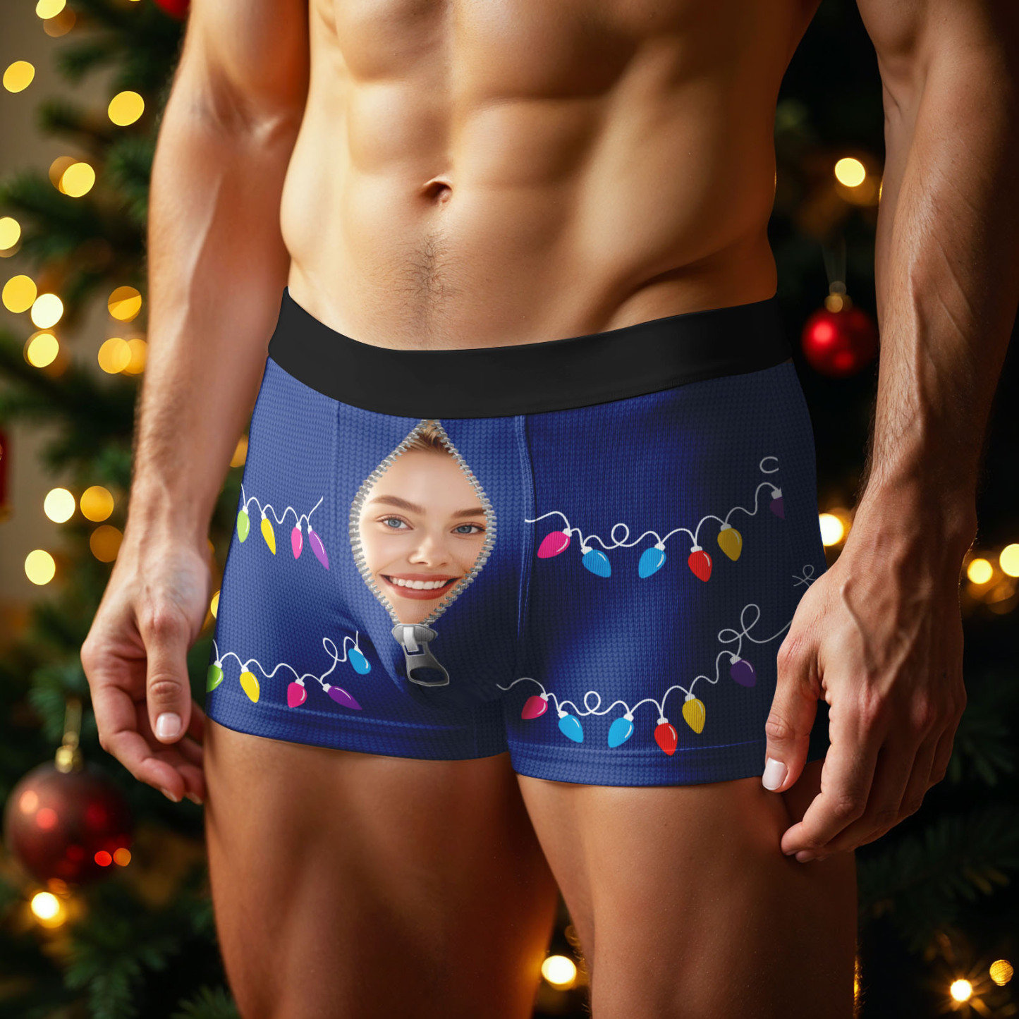 Custom Face Men's Boxer Underwear Santa Gift Christmas Lights Personalized Photo Funny Men's Boxer Briefs Christmas Valentine Christmas Gift - MyFaceSocksAU