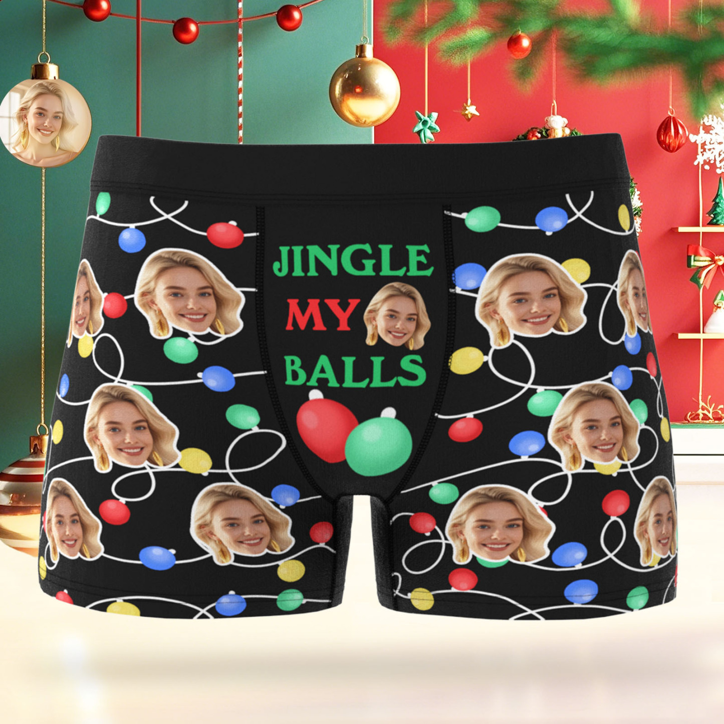 Custom Face Men's Boxer Underwear Christmas Light Santa Gift JINGLE MY BALLS Underwear Personalized Photo Funny Men's Boxer Briefs Christmas Valentine Gift - MyFaceSocksAU