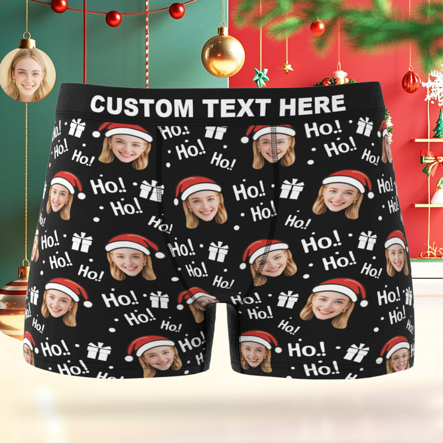 Custom Face Men's Boxer Underwear Santa Gift HoHo Christmas Gift Box Underwear Personalized Photo Funny Men's Boxer Briefs Christmas Valentine Christmas Gift - MyFaceSocksAU