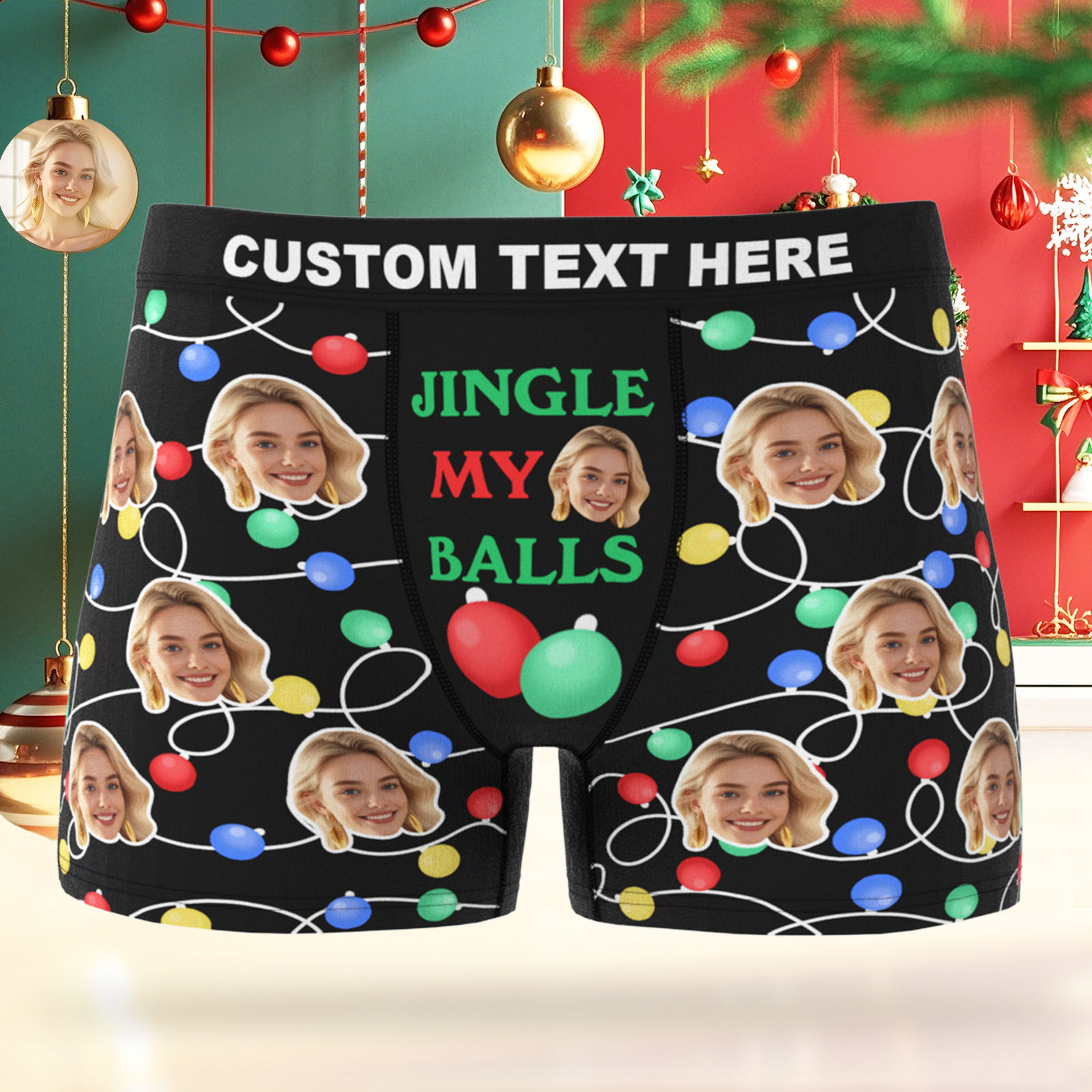 Custom Face Men's Boxer Underwear Christmas Light Santa Gift JINGLE MY BALLS Underwear Personalized Photo Funny Men's Boxer Briefs Christmas Valentine Gift