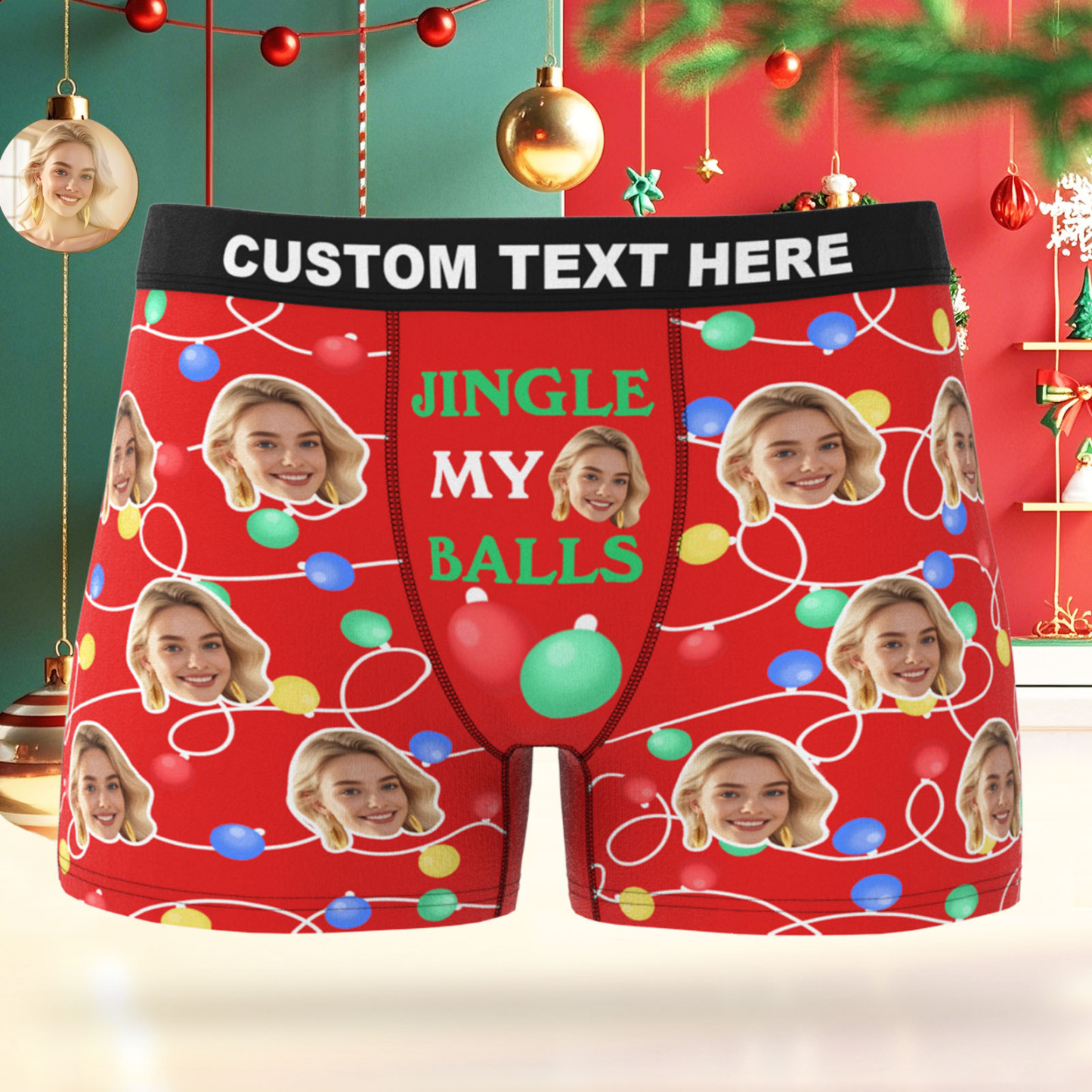 Custom Face Men's Boxer Underwear Christmas Light Santa Gift JINGLE MY BALLS Underwear Personalized Photo Funny Men's Boxer Briefs Christmas Valentine Gift - MyFaceSocksAU