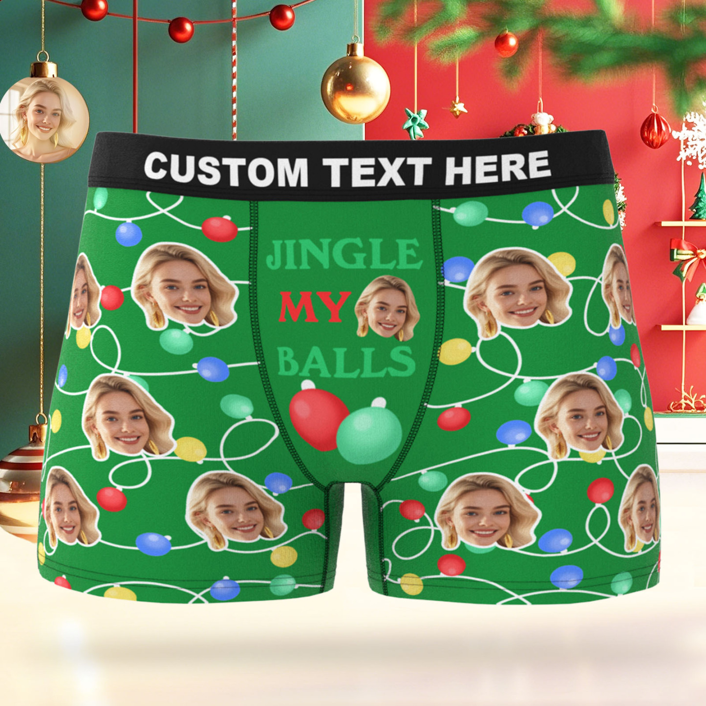 Custom Face Men's Boxer Underwear Christmas Light Santa Gift JINGLE MY BALLS Underwear Personalized Photo Funny Men's Boxer Briefs Christmas Valentine Gift - MyFaceSocksAU