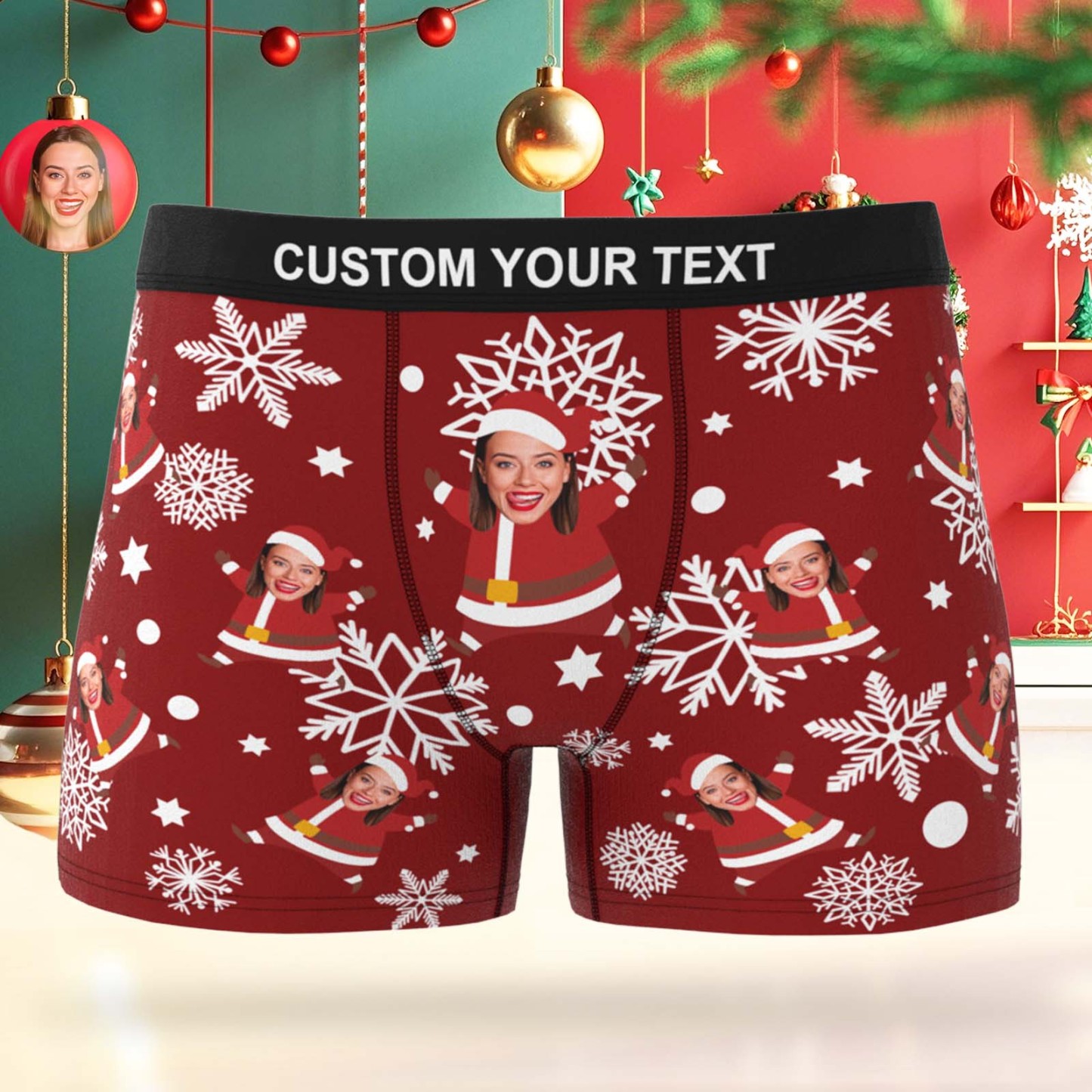 Custom Face Men's Boxer Underwear Snowflake Bells Boxer Personalized Photo Funny Men's Boxer Briefs Christmas Gift - MyFaceSocksAU