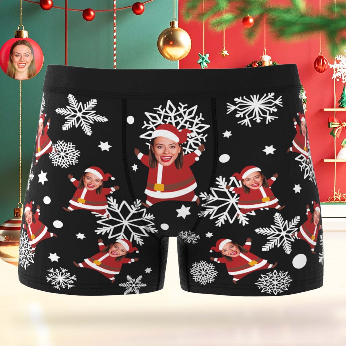 Custom Face Men's Boxer Underwear Snowflake Santa Claus Personalized Photo Funny Men's Boxer Briefs Christmas Gift - MyFaceSocksAU