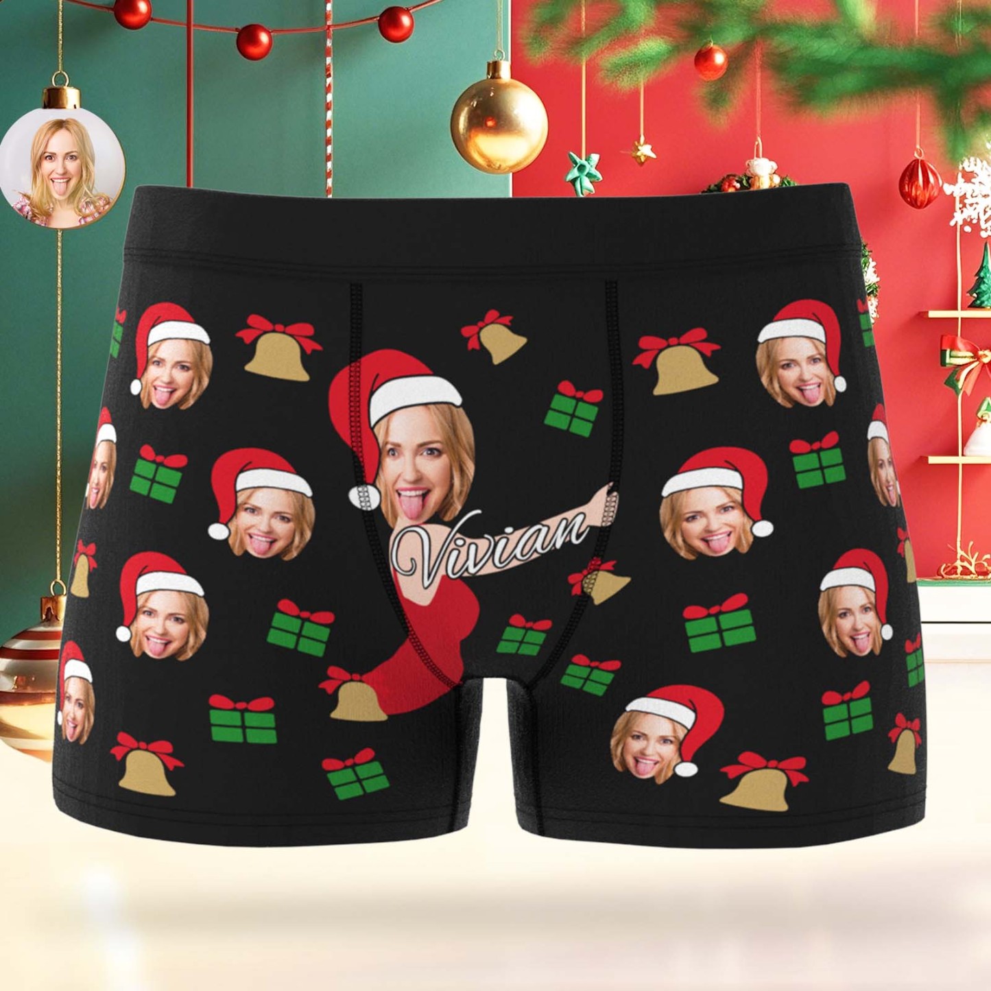 Custom Face Men's Boxer Underwear Snowflake Bells Boxer Personalized Photo Funny Men's Boxer Briefs Christmas Gift - MyFaceSocksAU