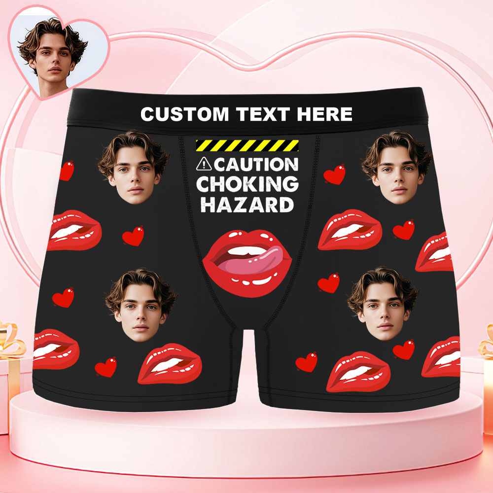 Custom Face Men's Boxer Underwear CAUTION CHOKING HAZARD Red Lip Boxer Gift Personalized Photo Funny Men's Boxer Briefs - MyFaceSocksAU