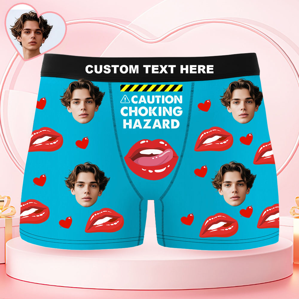 Custom Face Men's Boxer Underwear CAUTION CHOKING HAZARD Red Lip Boxer Gift Personalized Photo Funny Men's Boxer Briefs - MyFaceSocksAU