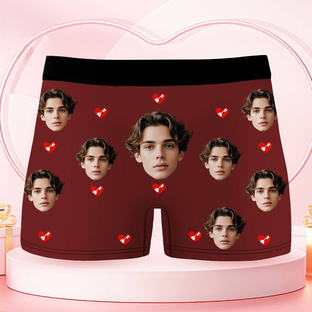 Custom Face Men's Boxer Underwear HER KEY Red Lips And Key Boxer Gift Personalized Photo Funny Men's Boxer Briefs - MyFaceSocksAU