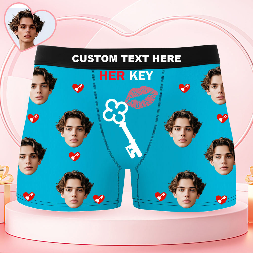 Custom Face Men's Boxer Underwear HER KEY Red Lips And Key Boxer Gift Personalized Photo Funny Men's Boxer Briefs - MyFaceSocksAU