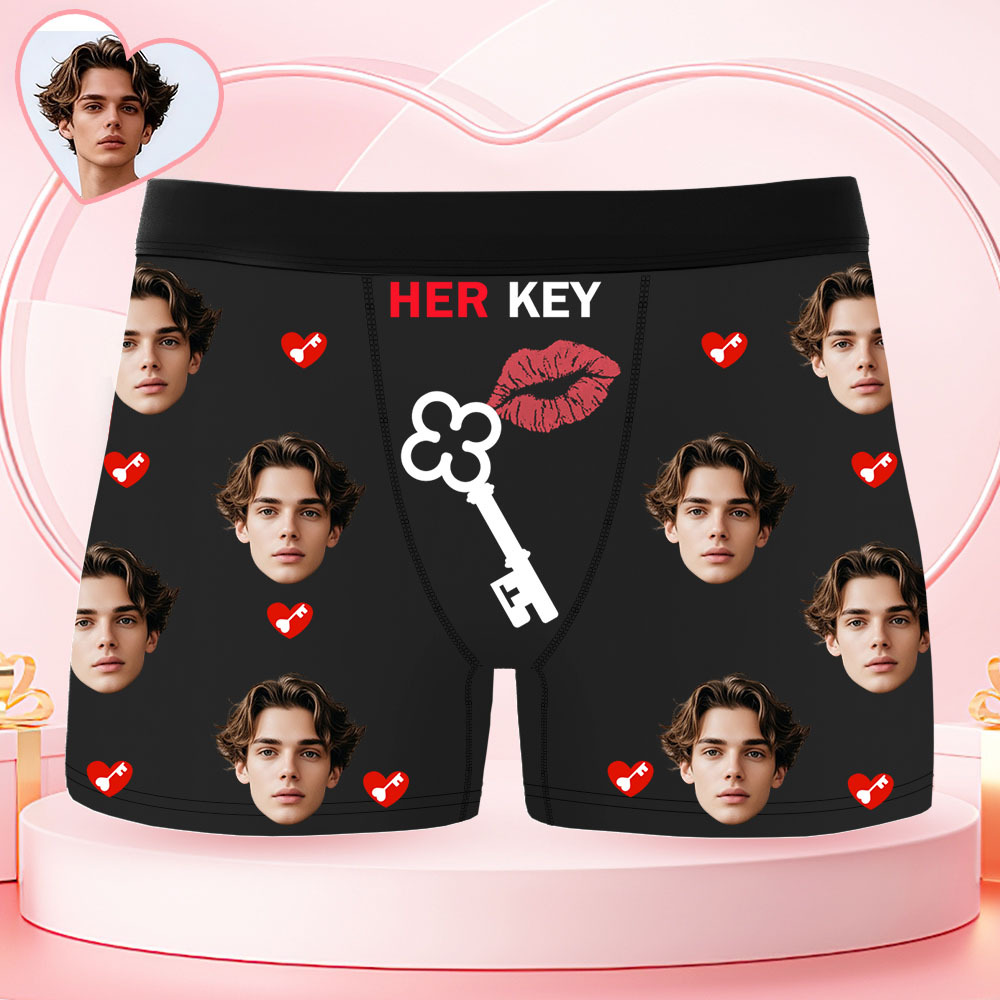 Custom Face Men's Boxer Underwear HER KEY Red Lips And Key Boxer Gift Personalized Photo Funny Men's Boxer Briefs - MyFaceSocksAU