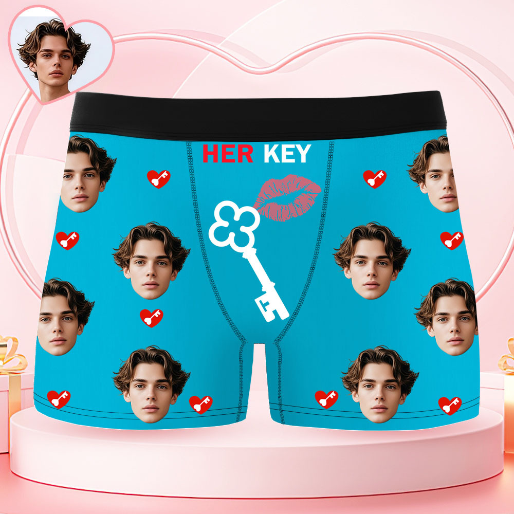 Custom Face Men's Boxer Underwear HER KEY Red Lips And Key Boxer Gift Personalized Photo Funny Men's Boxer Briefs - MyFaceSocksAU