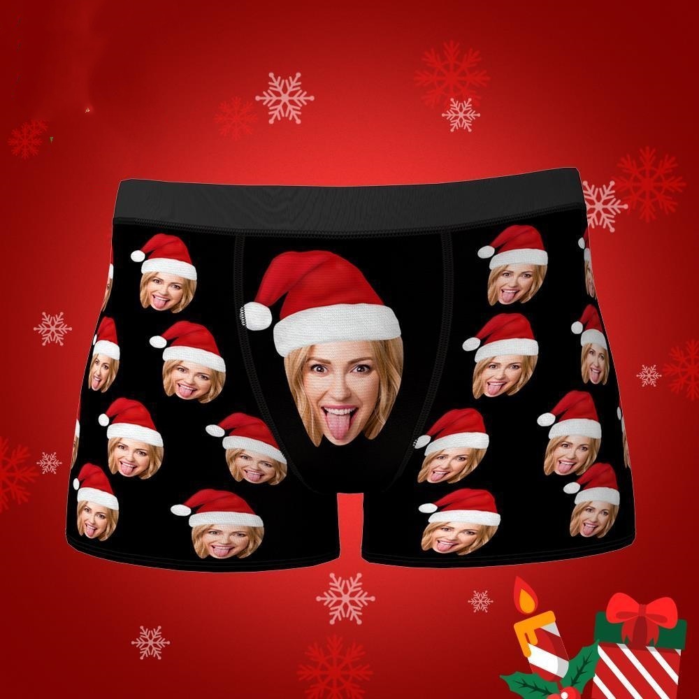 Custom Face Boxers Shorts with Christmas hat Personalised Photo Underwear Christmas Gift for Men