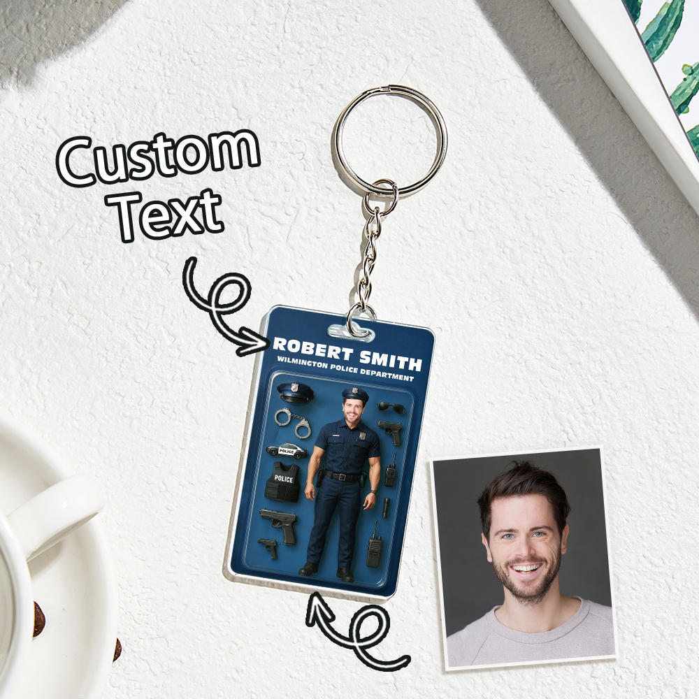 Custom 3D Effect Action Figure Customizable Head Packaging Toy Box Style Art Gift Personalized 2D Printing Acrylic Keychain Gift for Police Officers