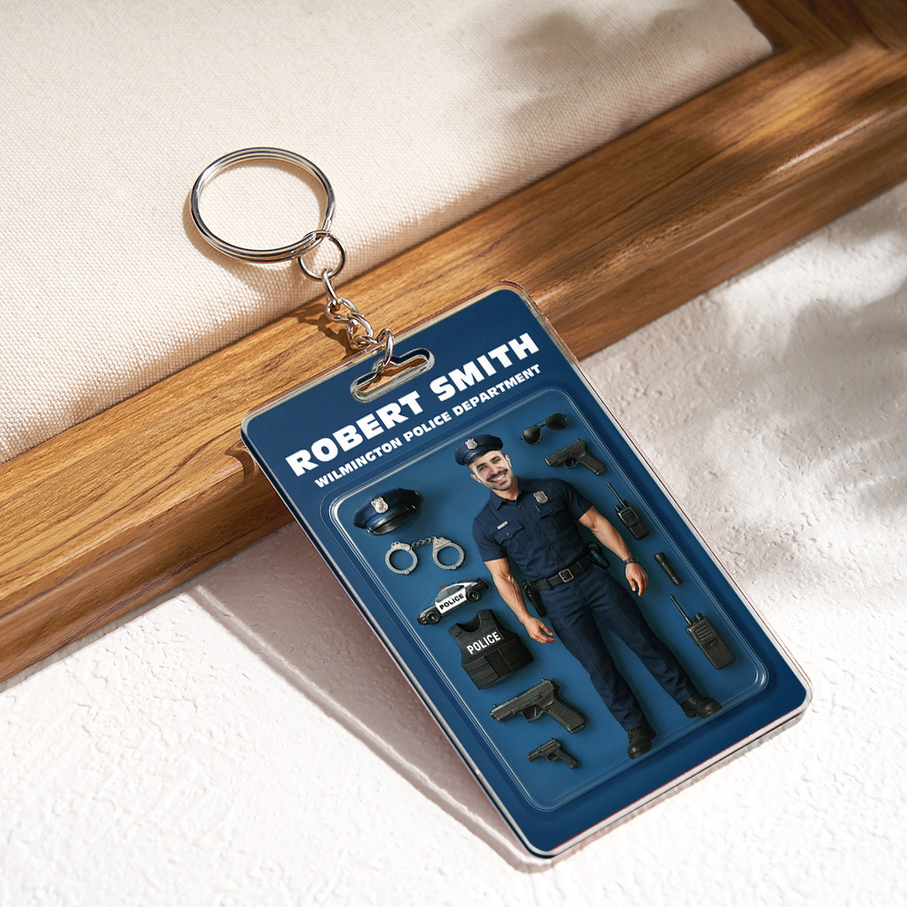 Custom 3D Effect Action Figure Customizable Head Packaging Toy Box Style Art Gift Personalized 2D Printing Acrylic Keychain Gift for Police Officers - MyFaceSocksAU