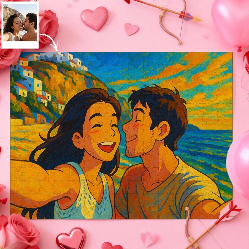 Jigsaw Puzzle Personalized Photo Valentine Gift For Couple Custom Cartoon Style Jigsaw Puzzle - MyFaceSocksAU