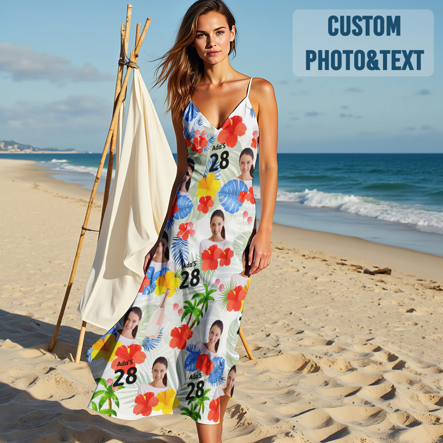 Custom Face Sling Hawaiian Style Long Dress Colorful Birthday Dress Happy Birthday Gift - MyFaceSocksAU
