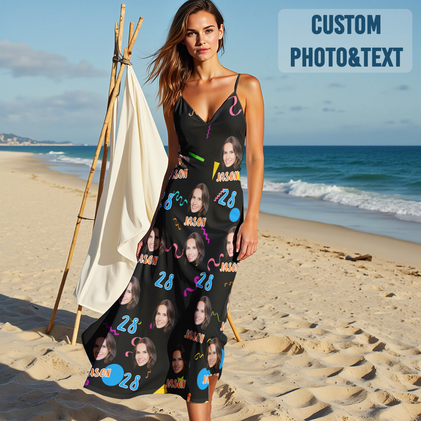 Custom Face Sling Hawaiian Style Long Dress Colorful Birthday Dress Happy Birthday Gift - MyFaceSocksAU