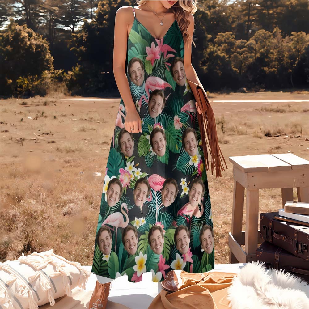 Personalized Green FLowers Face Sling Long Dress Custom Face Photo Dress for Women Fun Summer Vacation Gift - MyFaceSocksAU