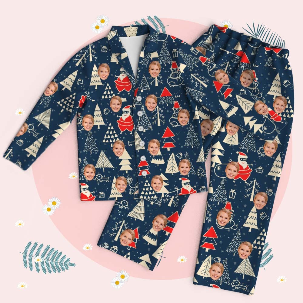 Personalized Pet Lover Face Long Sleeve Sleepwear Christmas Face Pajamas Personalized Photo Blue Santa Pajamas Gift - MyFaceSocksAU