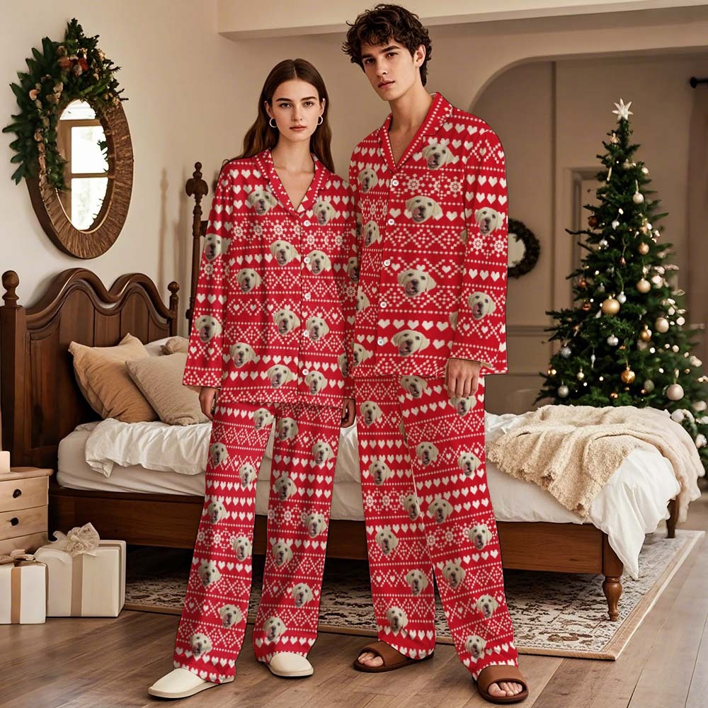 Custom Green Palm Tree Leaves Christmas Face Long Sleeve Pajamas Face Pajamas with Pet Face Personalized Photo Pajamas Gift - MyFaceSocksAU