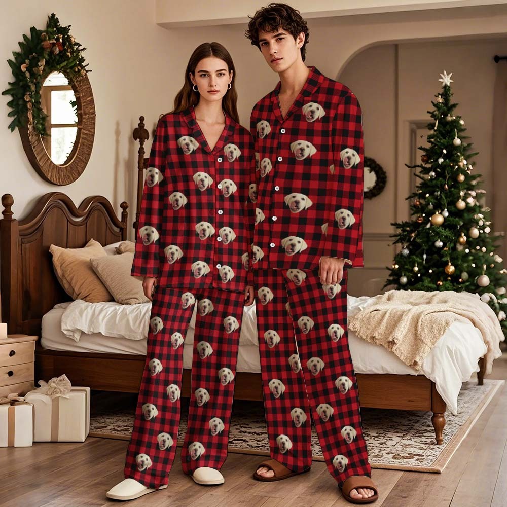 Custom Green Palm Tree Leaves Christmas Face Long Sleeve Pajamas Face Pajamas with Pet Face Personalized Photo Pajamas Gift - MyFaceSocksAU