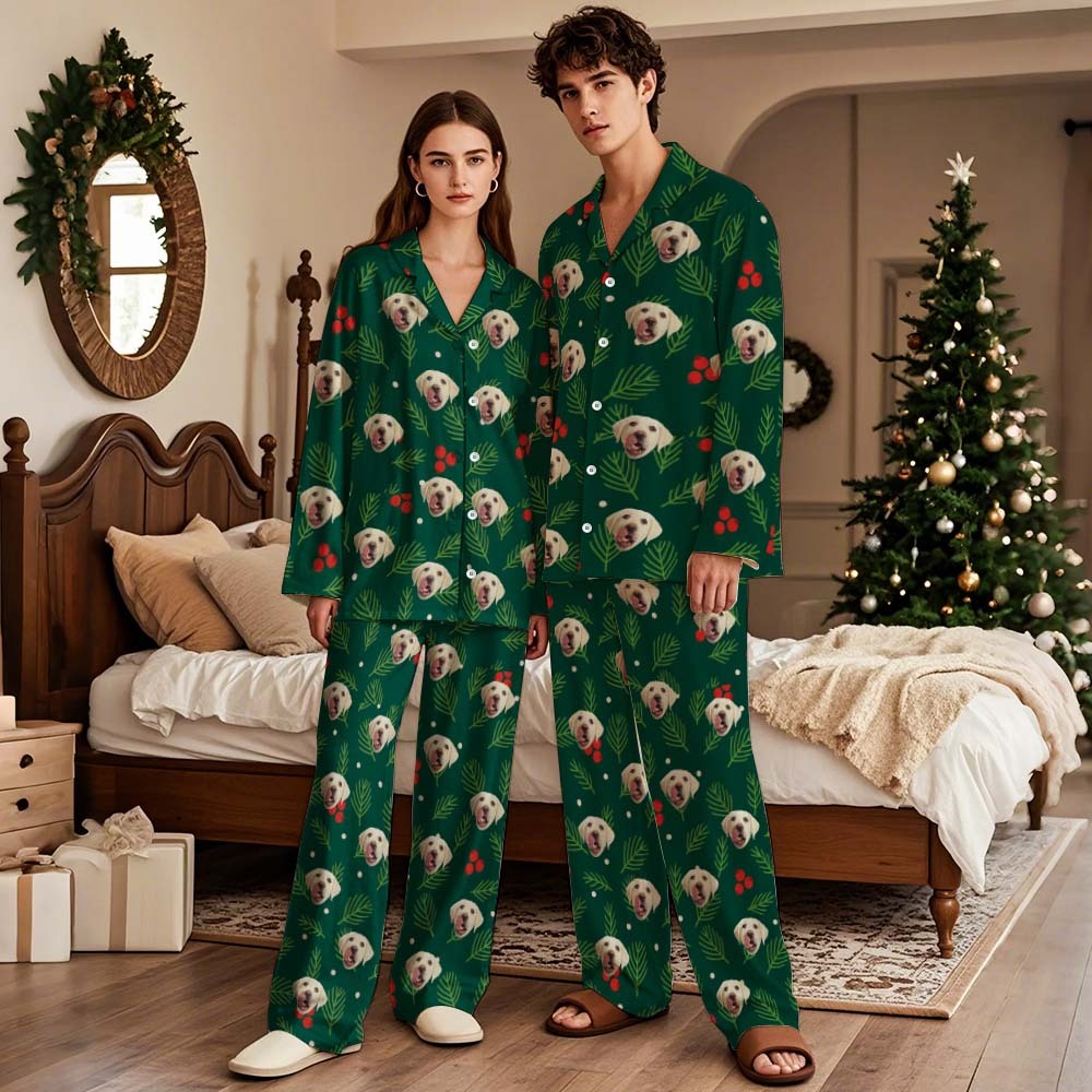 Custom Green Palm Tree Leaves Christmas Face Long Sleeve Pajamas Face Pajamas with Pet Face Personalized Photo Pajamas Gift - MyFaceSocksAU