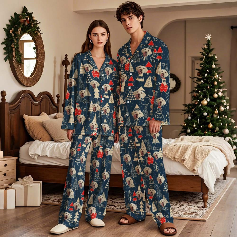 Custom Green Palm Tree Leaves Christmas Face Long Sleeve Pajamas Face Pajamas with Pet Face Personalized Photo Pajamas Gift - MyFaceSocksAU