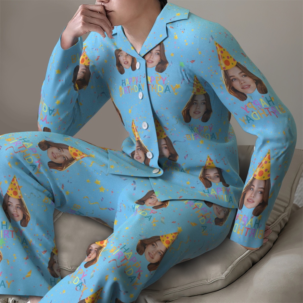 Custom Face Long Sleeve Pajamas Sleepwear Set Personalized Photo Happy Birthday Pajamas - MyFaceSocksAU