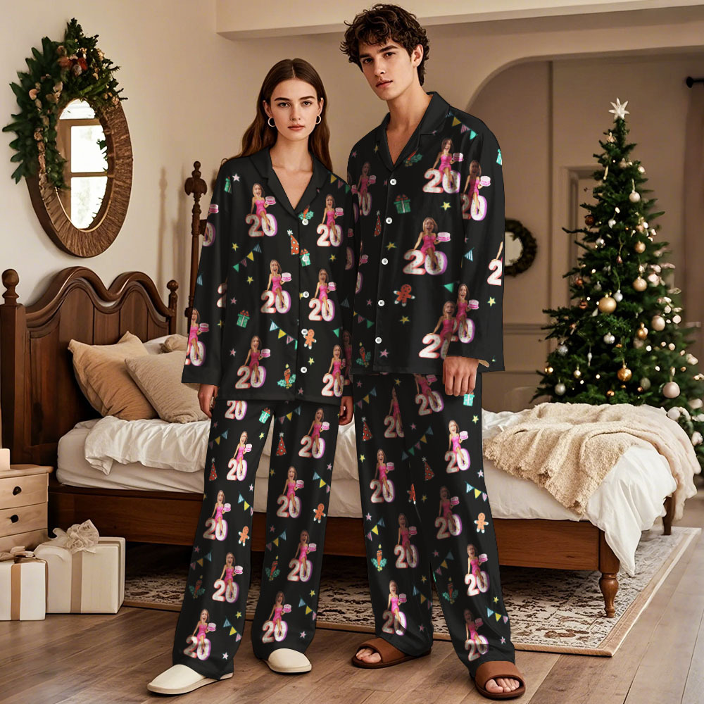 Custom Birthday Face Long Sleeve Pajamas with Cake Personalized Photo Pajamas Gift - MyFaceSocksAU