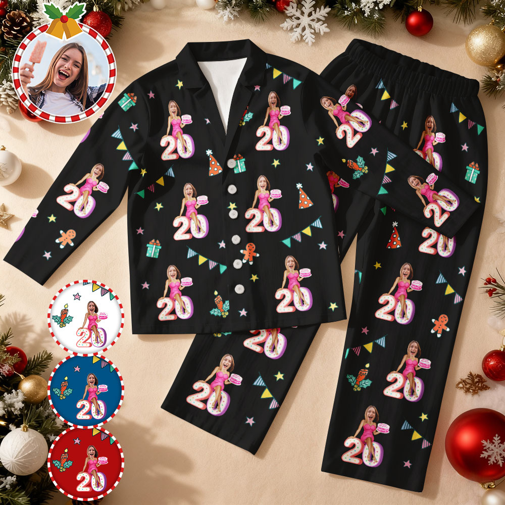 Custom Birthday Face Long Sleeve Pajamas with Cake Personalized Photo Pajamas Gift - MyFaceSocksAU