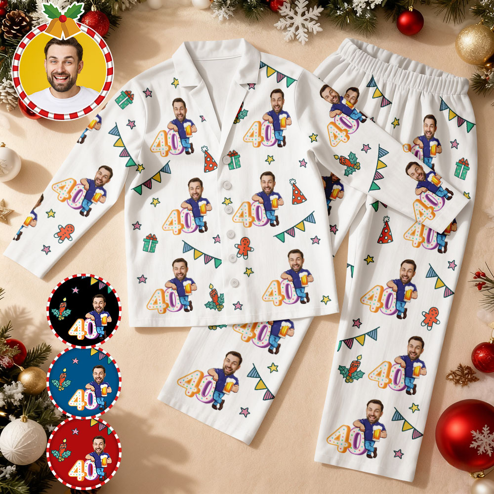 Custom Birthday Face Long Sleeve Pajamas with Beer Personalized Photo Pajamas Gift - MyFaceSocksAU