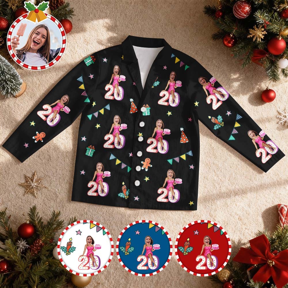 Custom Birthday Face Long Sleeve Pajamas with Cake Personalized Photo Pajamas Gift - MyFaceSocksAU