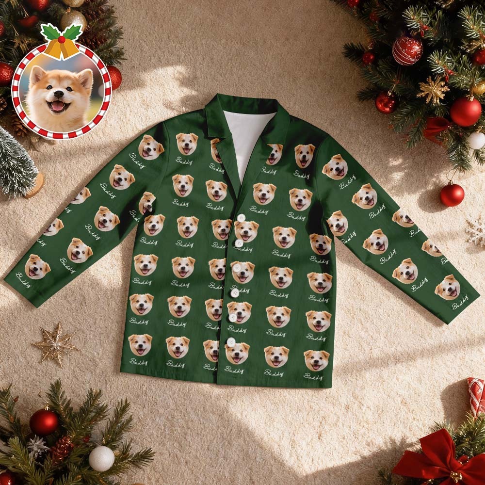 Custom Pet Face Christmas Green Pajamas Personalized Dog Cat Long Sleeve PJs with Name Perfect Holiday Gift for Pet Lovers - MyFaceSocksAU