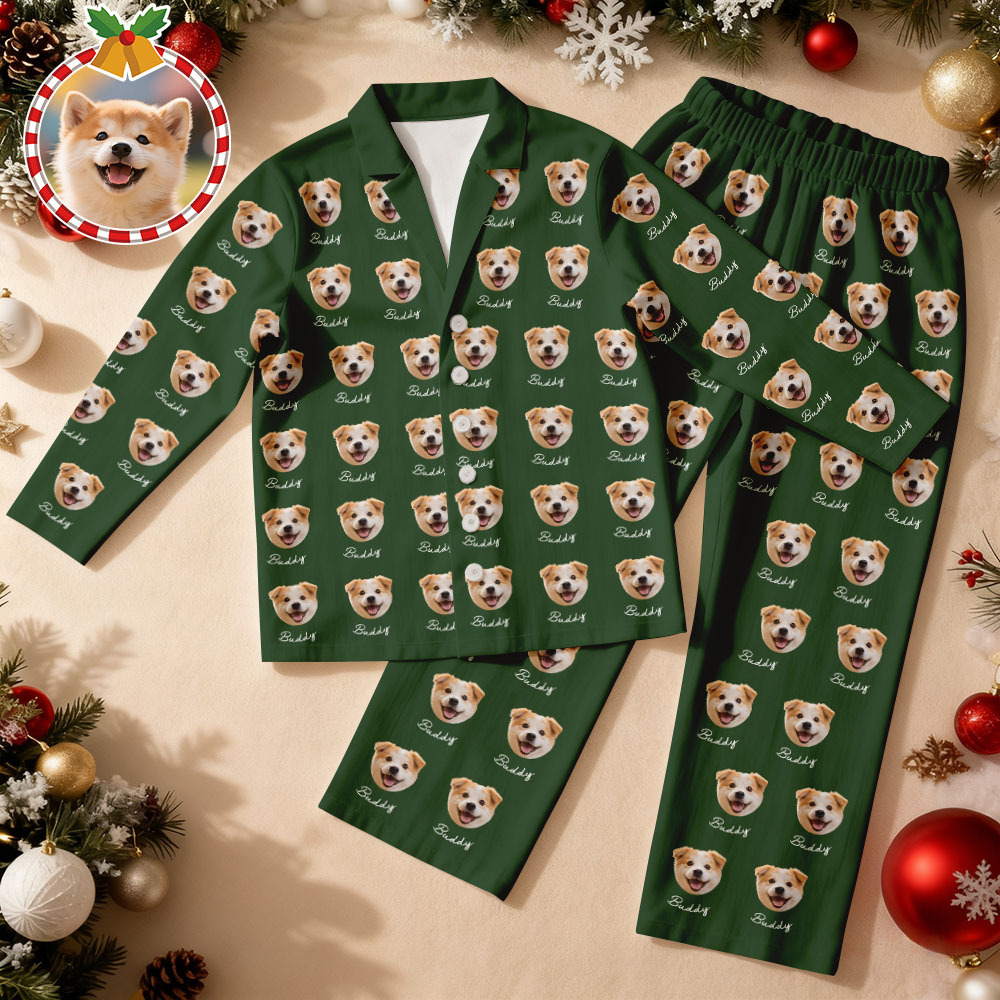 Custom Pet Face Christmas Green Pajamas Personalized Dog Cat Long Sleeve PJs with Name Perfect Holiday Gift for Pet Lovers - MyFaceSocksAU